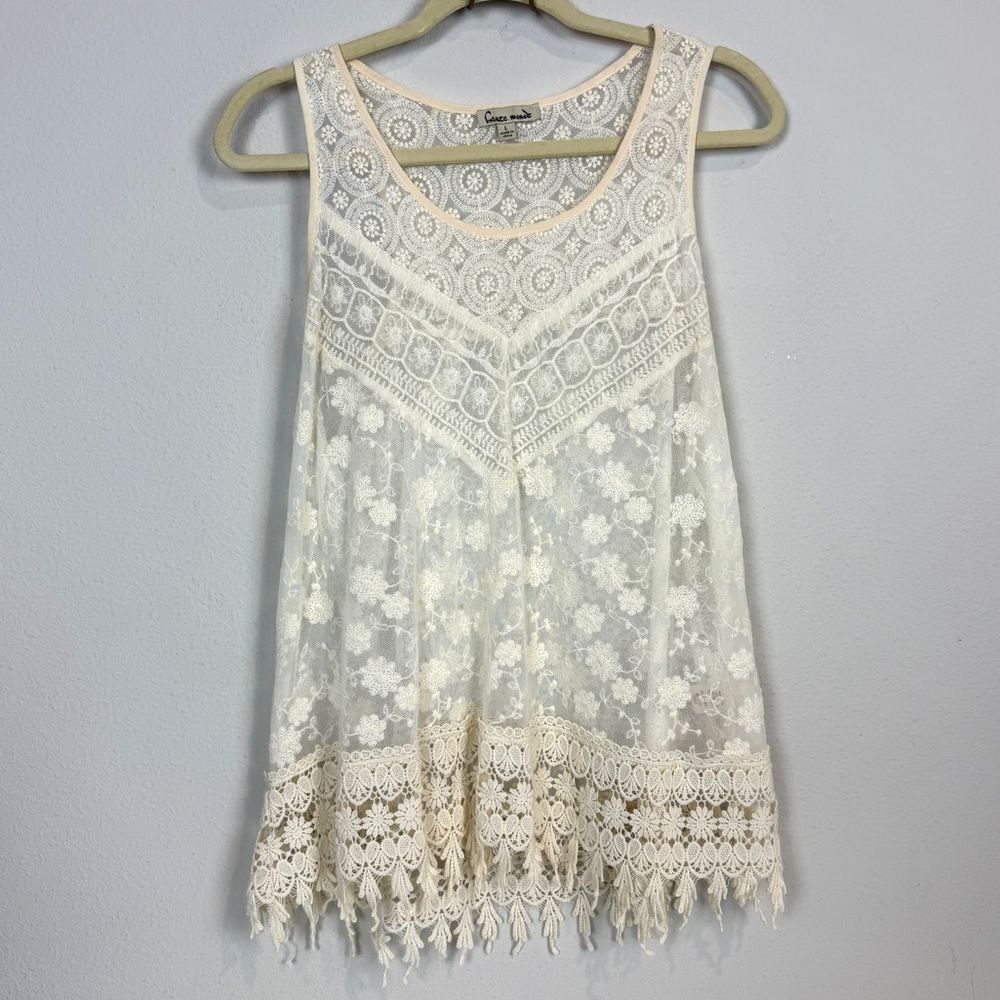 Haute Monde Cream Lace Sleeveless Sheer Top L